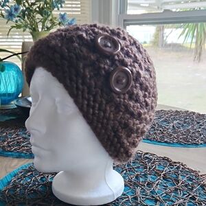 Handmade Brown Knit Beanie with Buttons